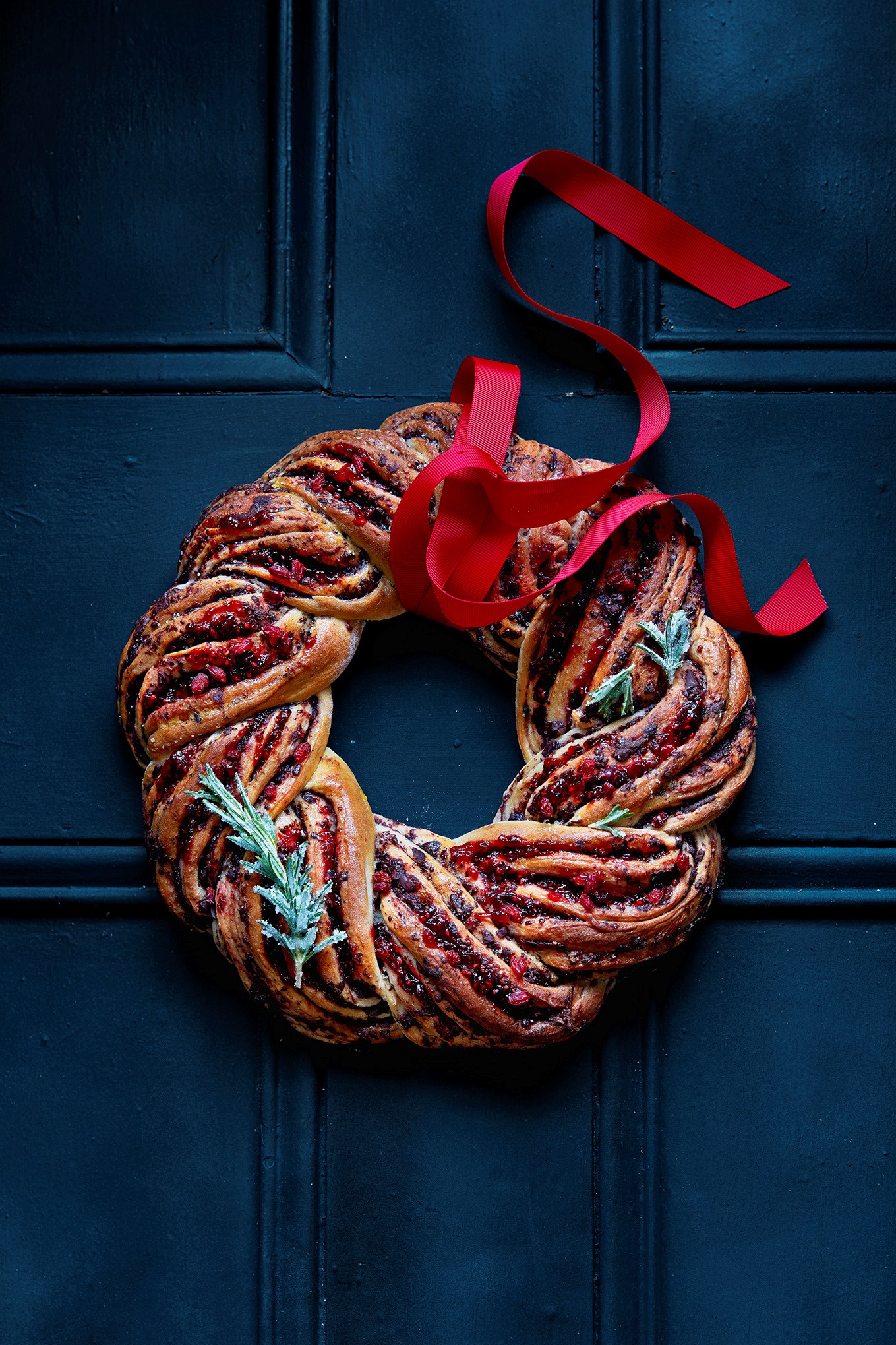 Chocolate Cranberry Wreath with Frosted Rosemary Recipe | Better Homes ...