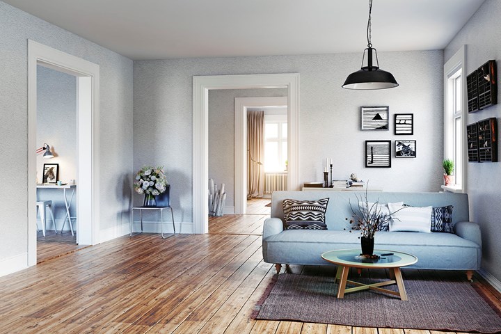 白い部屋の壁の材木の床の青いソファーの芸術