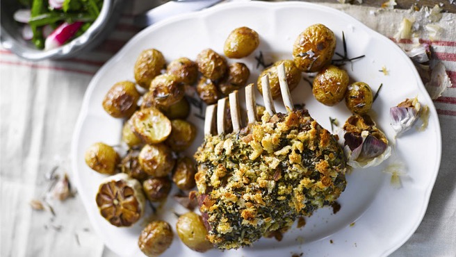 Herb-crusted rack of lamb with rosemary potatoes Recipe | Better Homes ...