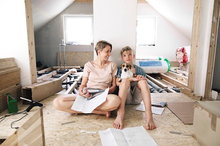 A wife, son and dog sit in a mess as they renovate their home