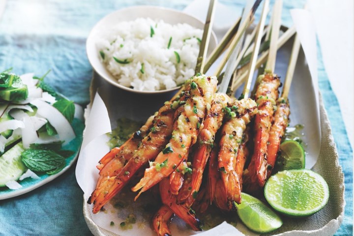Barbecued prawn skewers with lime and lemongrass
