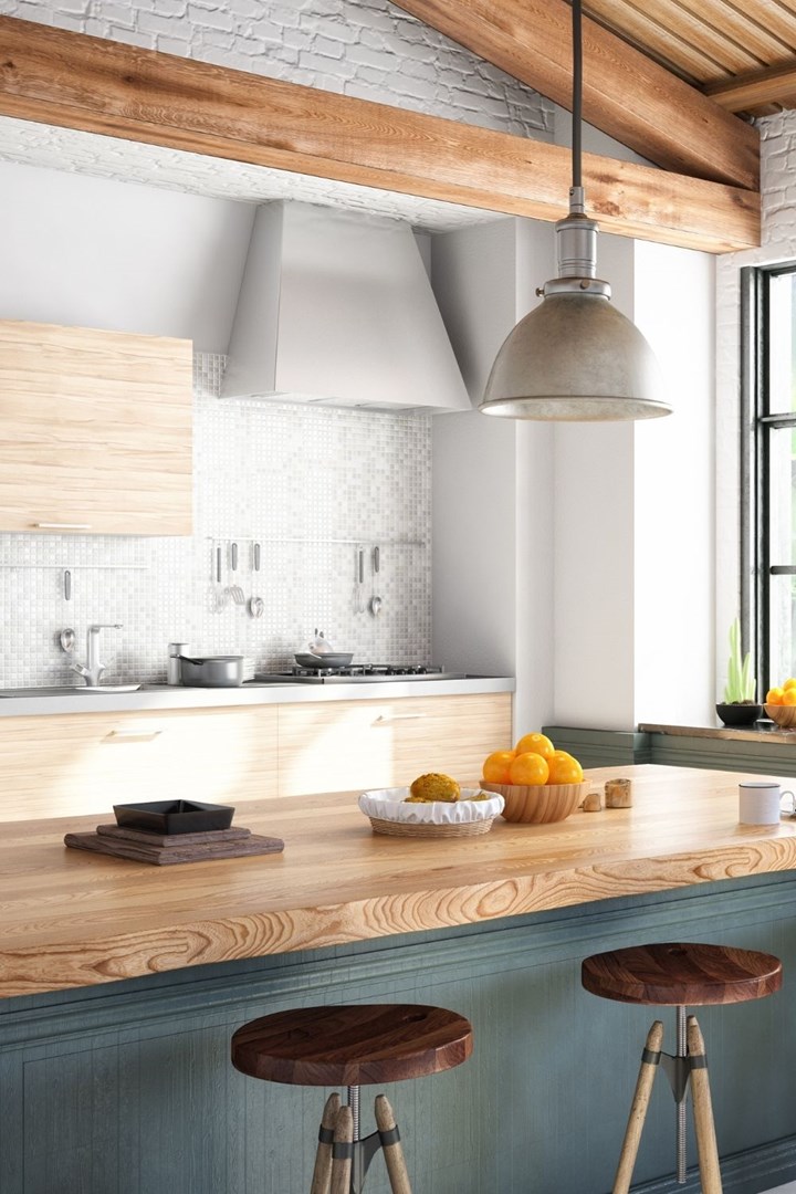 Premium AI Image  Ecofriendly kitchen with bamboo countertops and natural  stone backsplash created with generative ai