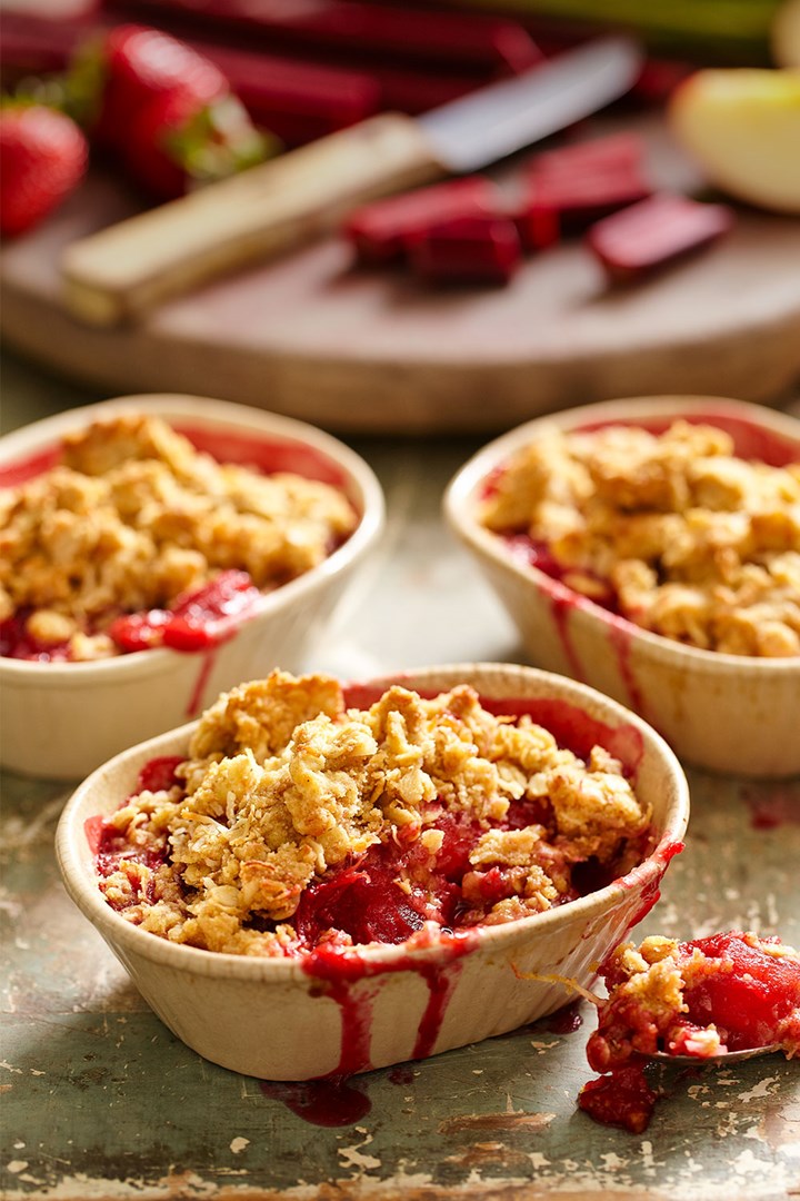 Apple, rhubarb and strawberry crumbles