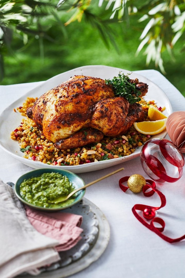 Moroccan chicken with dates and couscous with grilled almonds