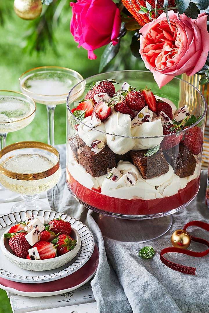 Pink strawberry jelly and gingerbread trifle