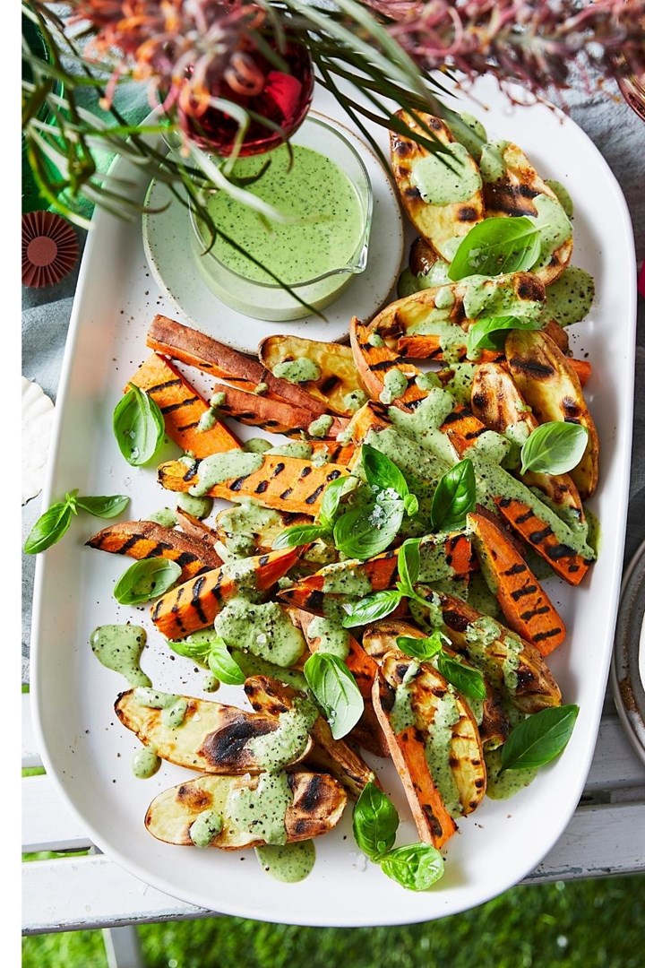 Grilled Kipler and Sweet Potato with Green Goddess Dressing