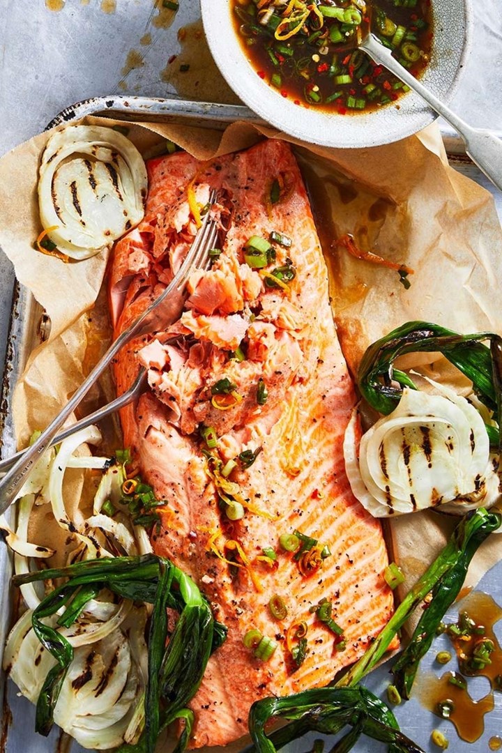 Roast salmon with citrus soy dressing and fennel