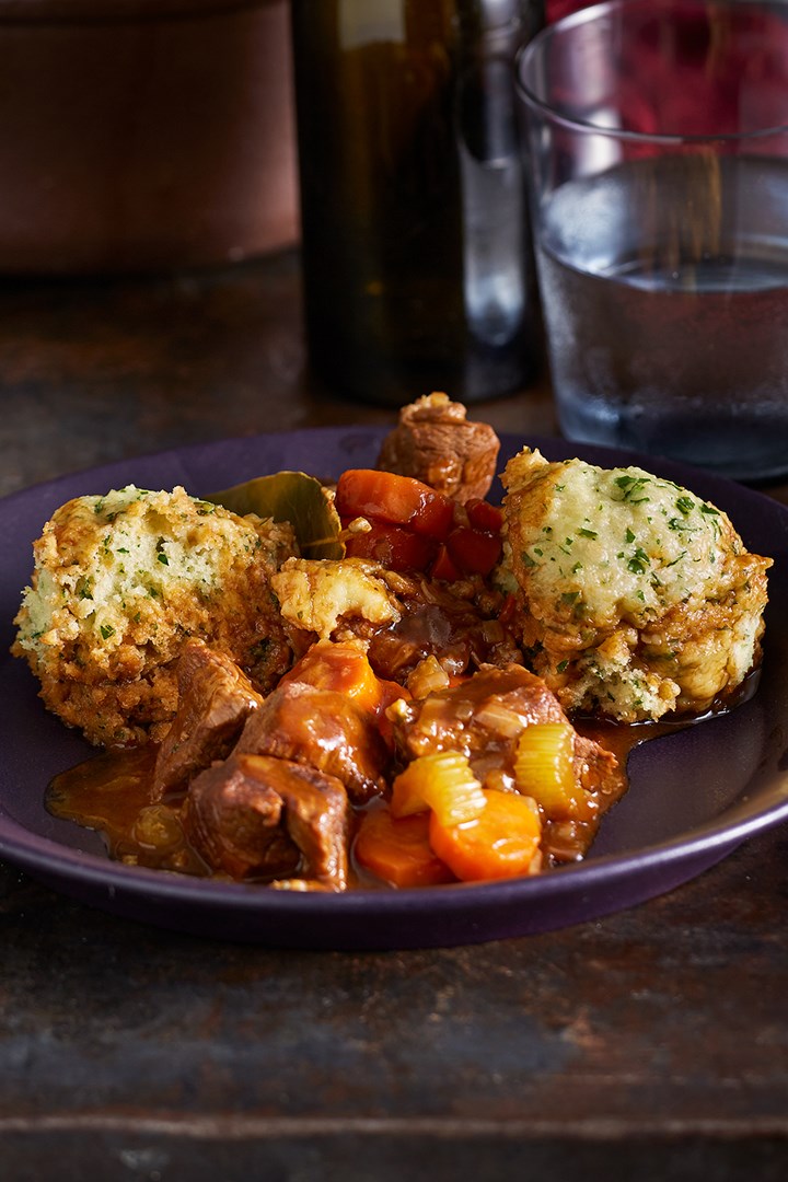 English beef and ale stew with horseradish dumplings