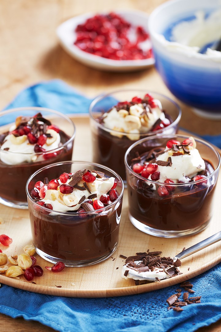 Chocolate-avocado mousse with hazelnuts and pomegranate