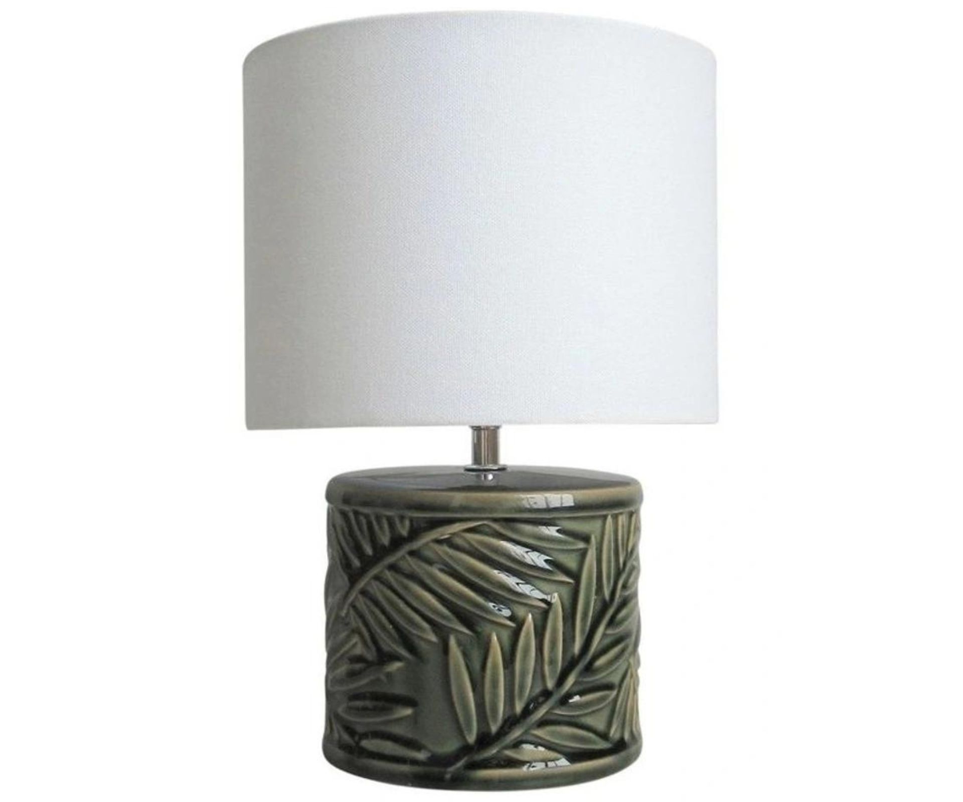 Dark green ceramic table lamp with textured palm leaves and a white lamp shade