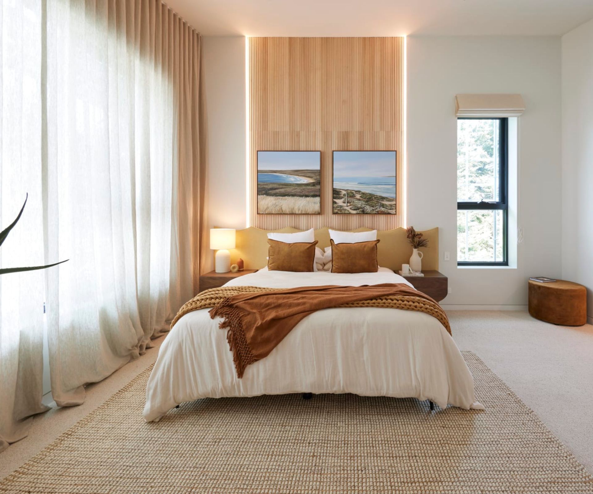 bedroom with timber feature wall