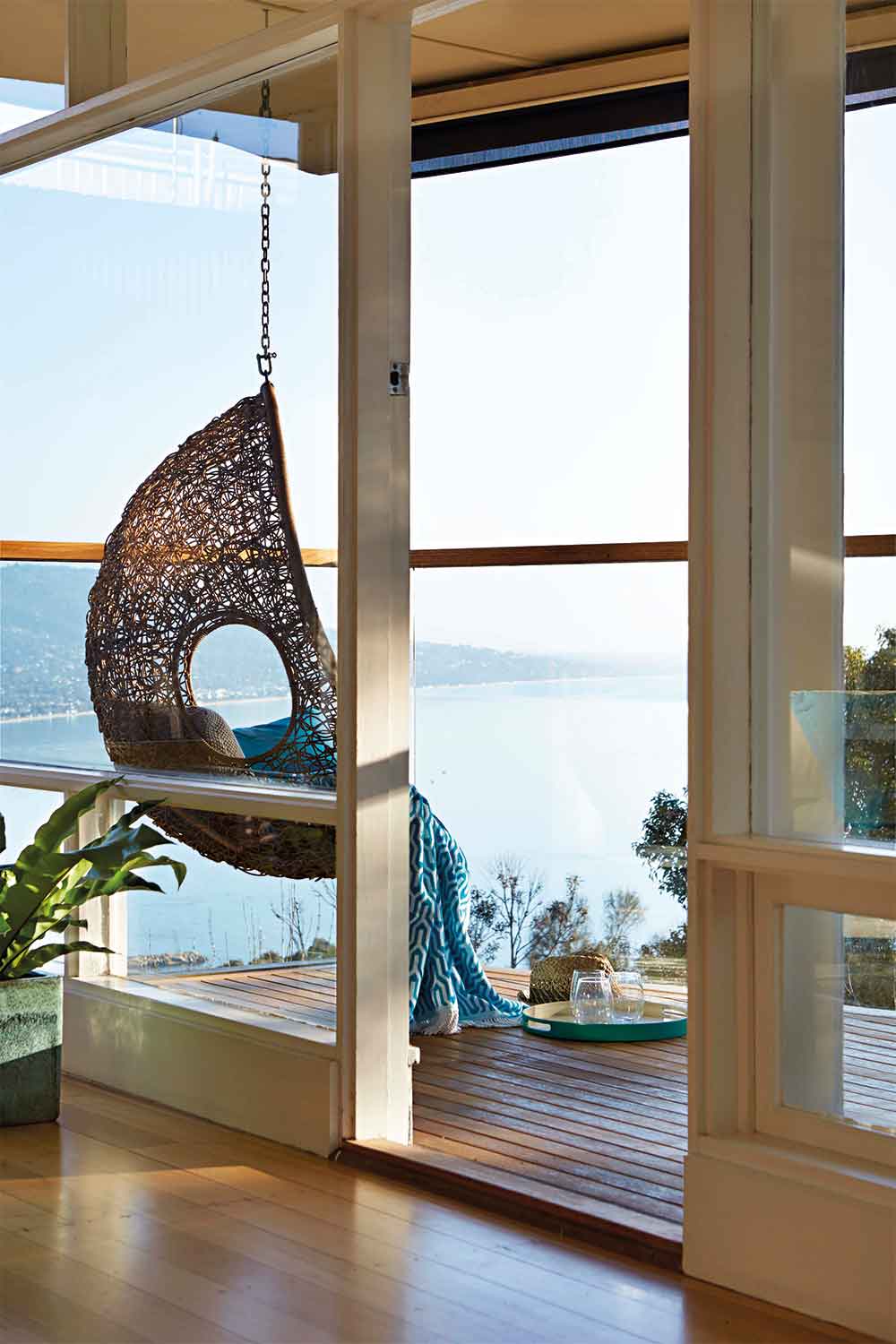 Hanging chair on deck