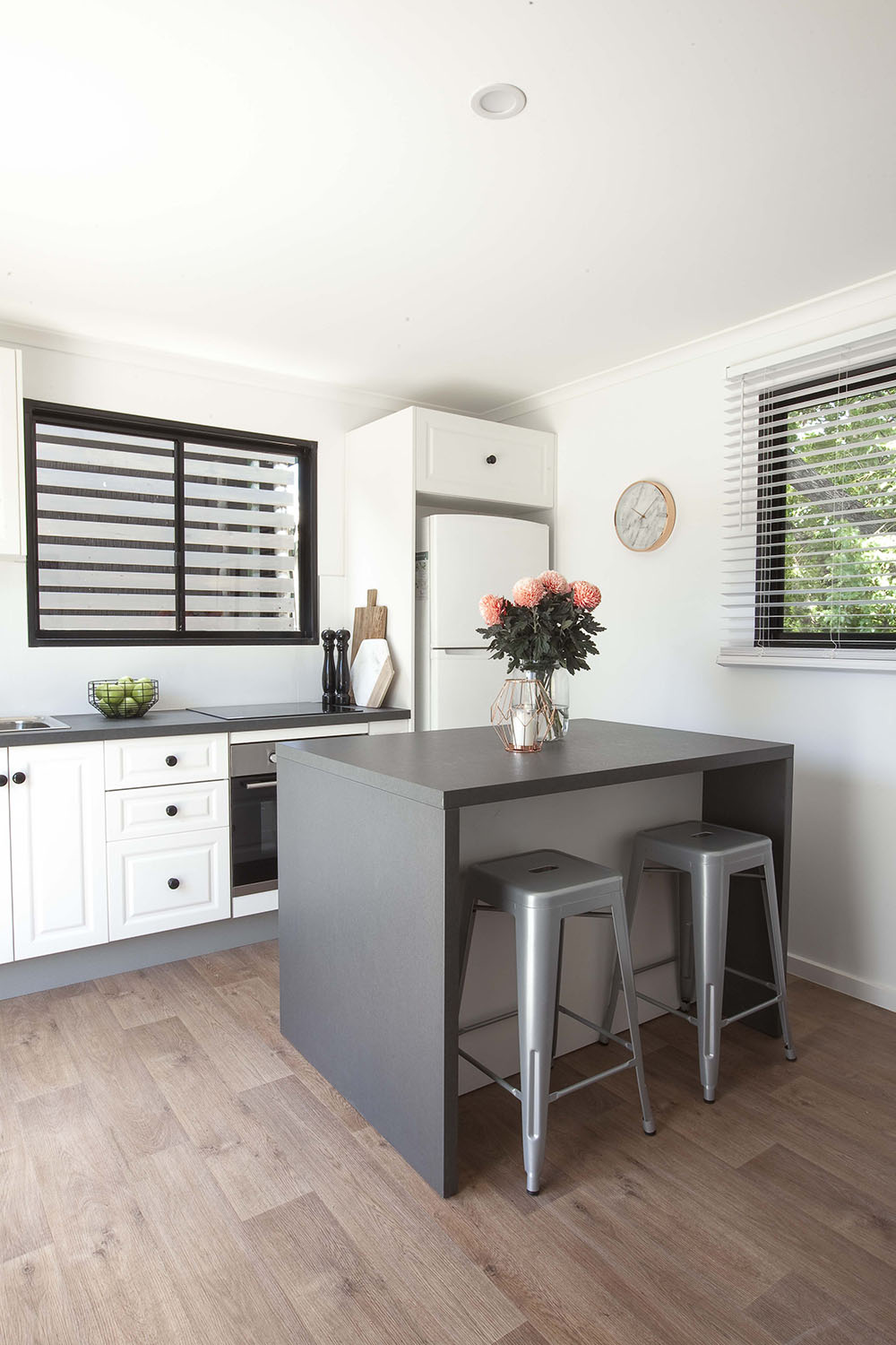 Budget small galley kitchen with portable island bench | Better Homes ...