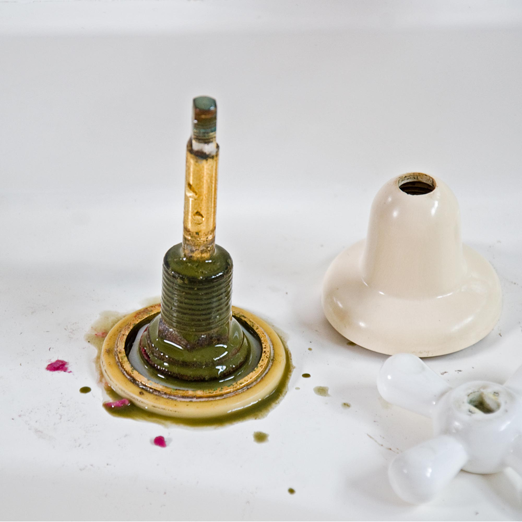Water in the top of a tap handle's spindle and the outer body is a sign the O-ring is leaking.
