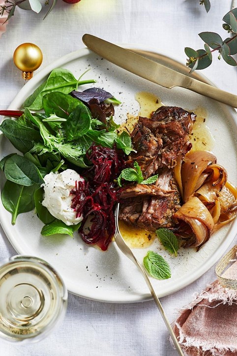 slow cooked lamb feta and beetroot in oven