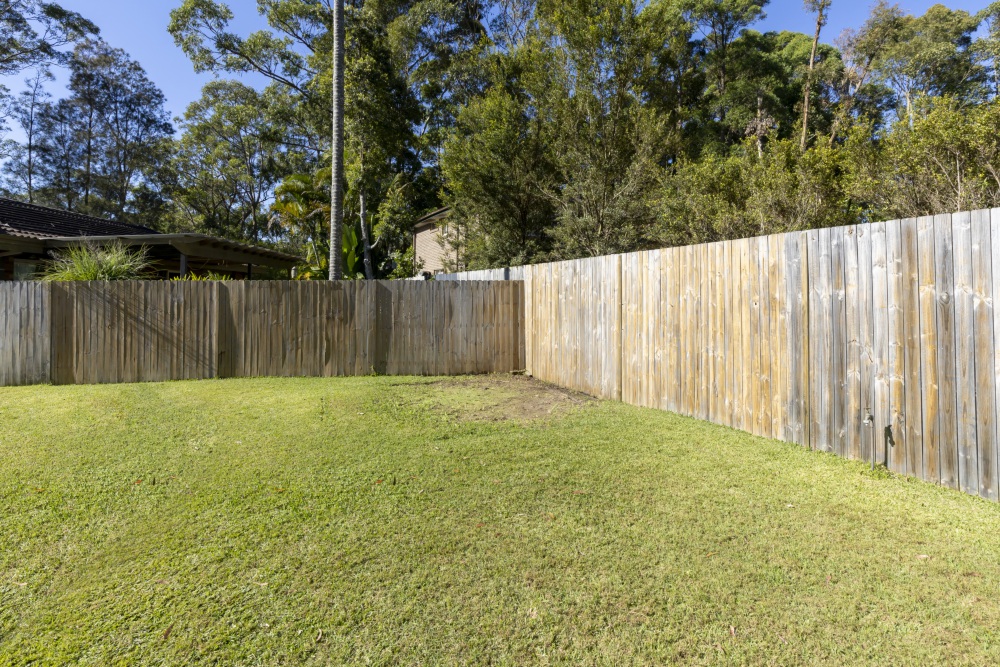 before photo of cheap backyard lawn area and rundown fence